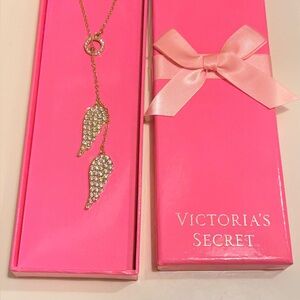 Victoria's Secret Gold Crystal Angel Wing Y-Necklace with Pink Box